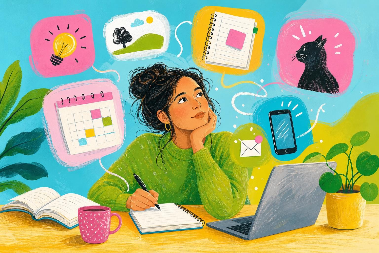Adult woman managing many competing thoughts while sitting at her desk
