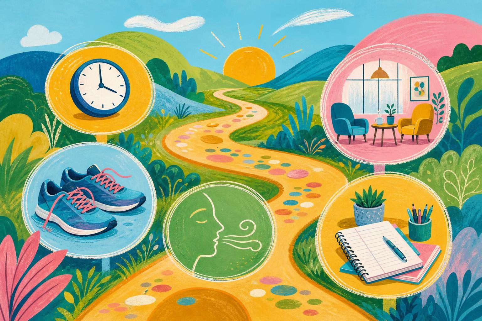 Colourful symbolic path representing practical tools and self-understanding