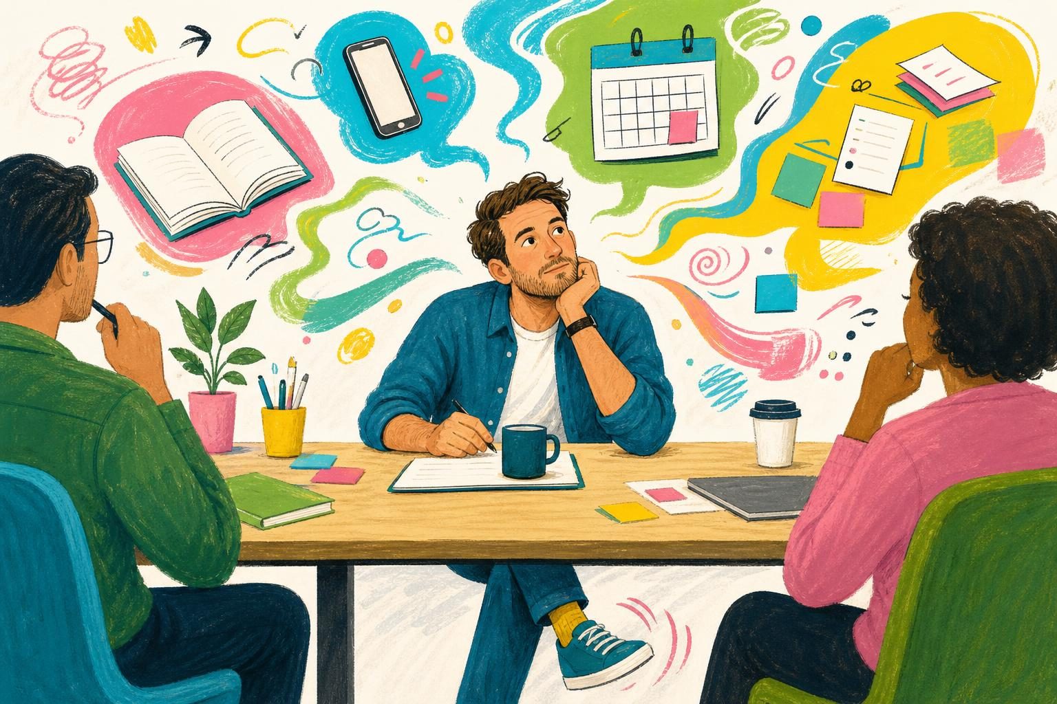 Adult man with colourful racing thoughts and a tapping foot during a meeting
