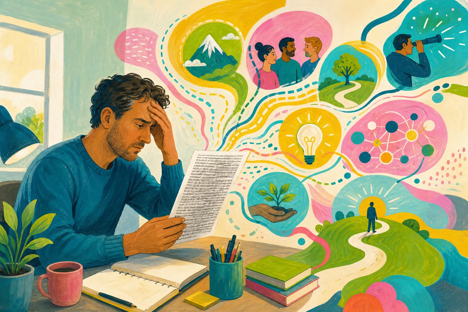 Adult man experiencing reading fatigue while colourful visual ideas form around him.