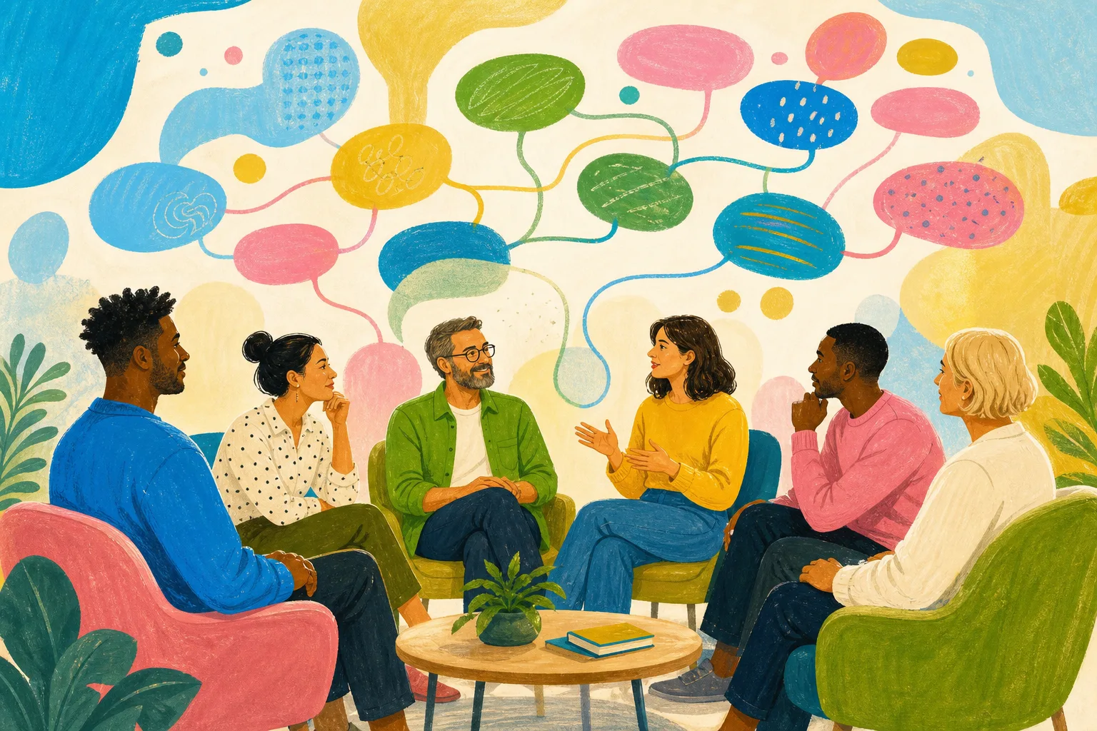 A mixed group of adults connecting through shared understanding of dyslexia.