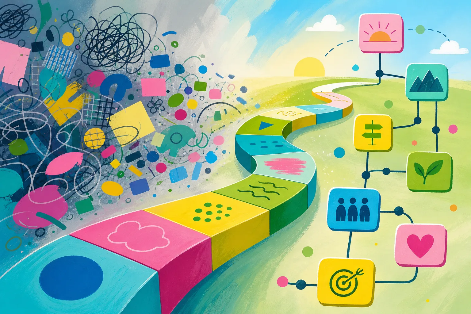 A colourful visual map representing dyslexic picture thinking and problem-solving.