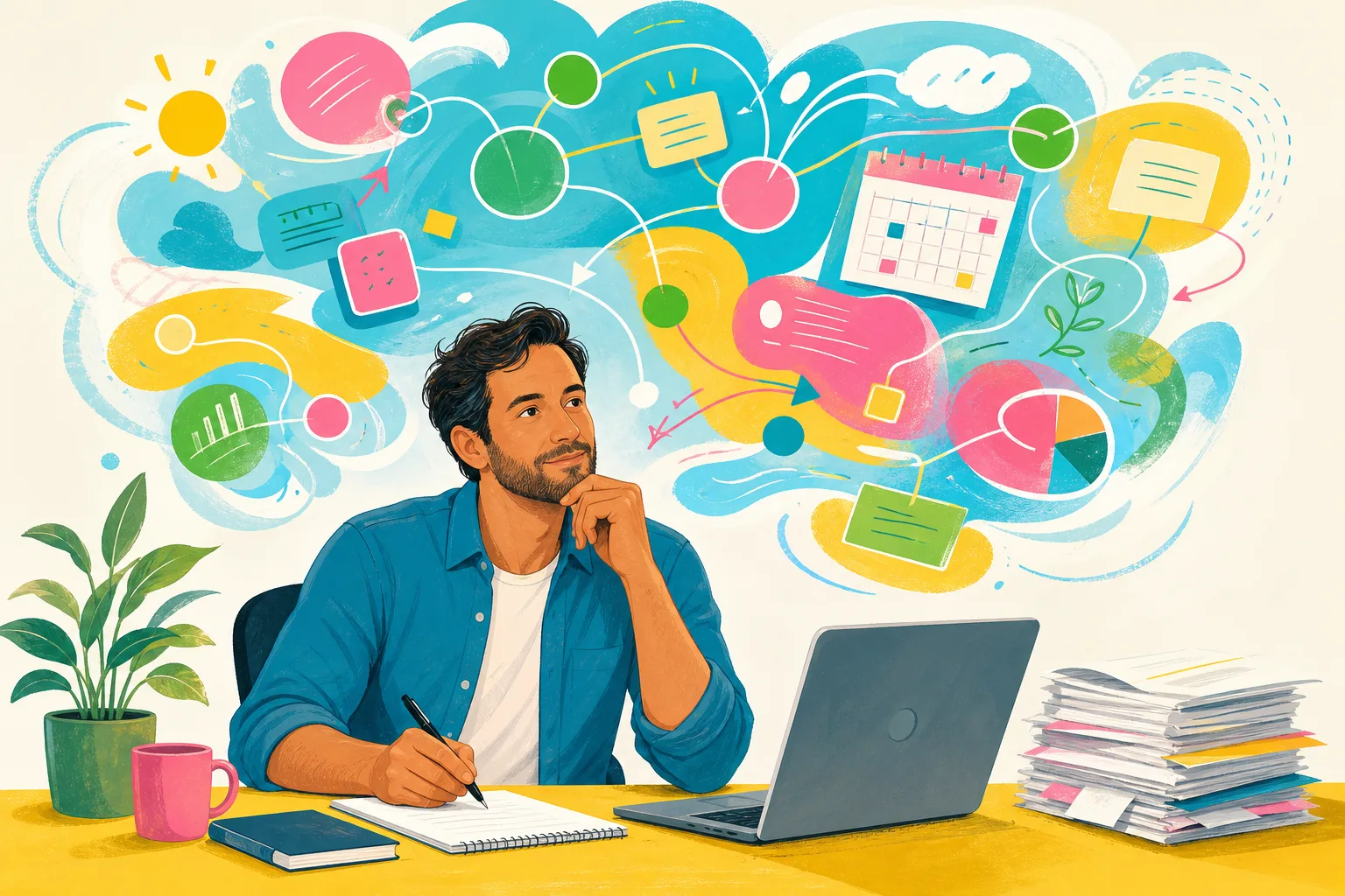 Adult man at a desk visualising colourful connected ideas while managing workplace tasks