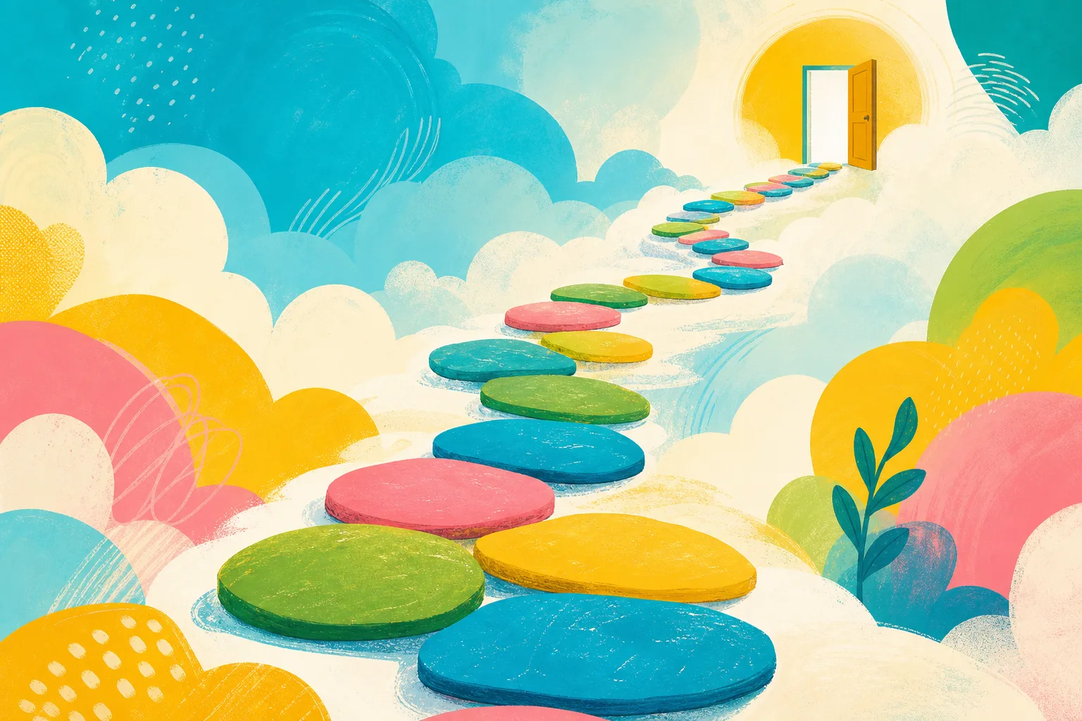 Colourful winding path through abstract shapes representing confidence and practical support