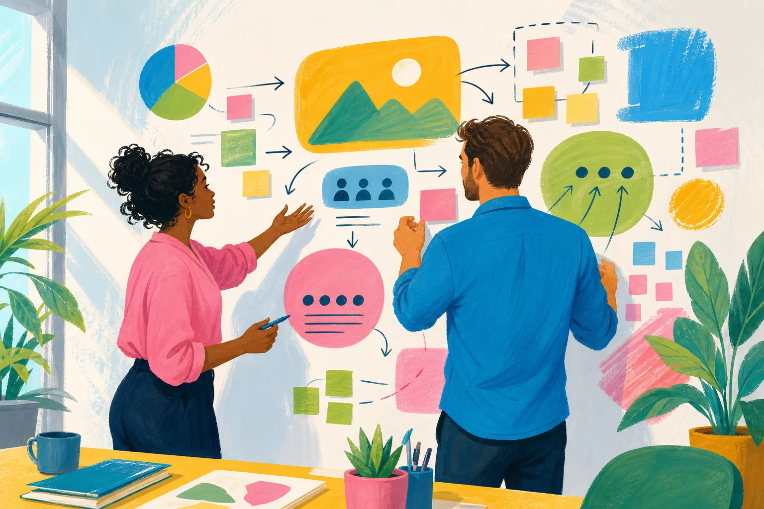 Two adult colleagues using visual diagrams to communicate and delegate a project