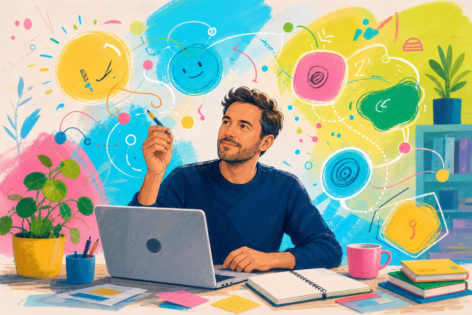 Adult man using visual ideas to explore AI amid controlled creative chaos