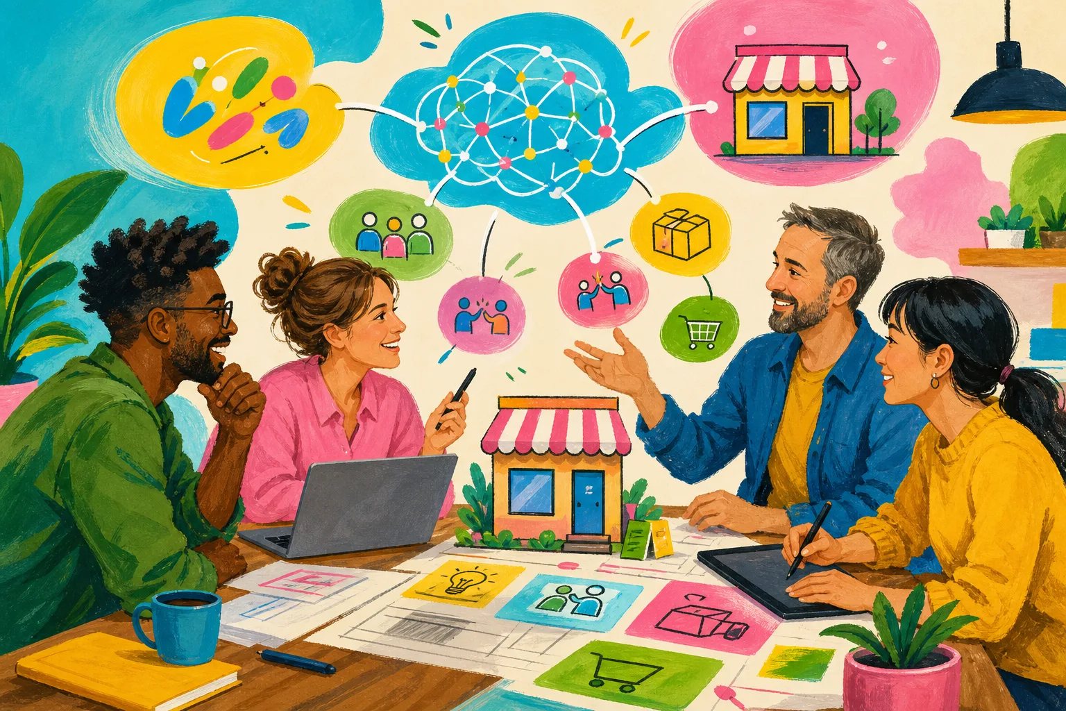 Mixed group of adult entrepreneurs using AI to develop practical business ideas