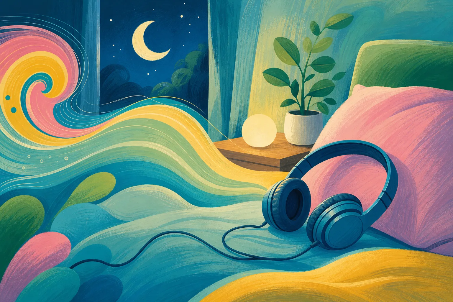 Symbolic illustration of a calming bedtime routine with headphones and a pillow.