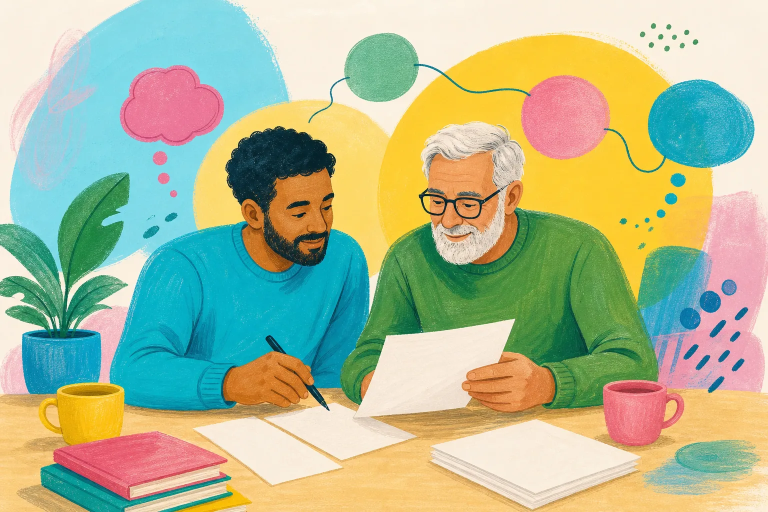 Illustration of two adult men collaborating on a manuscript.