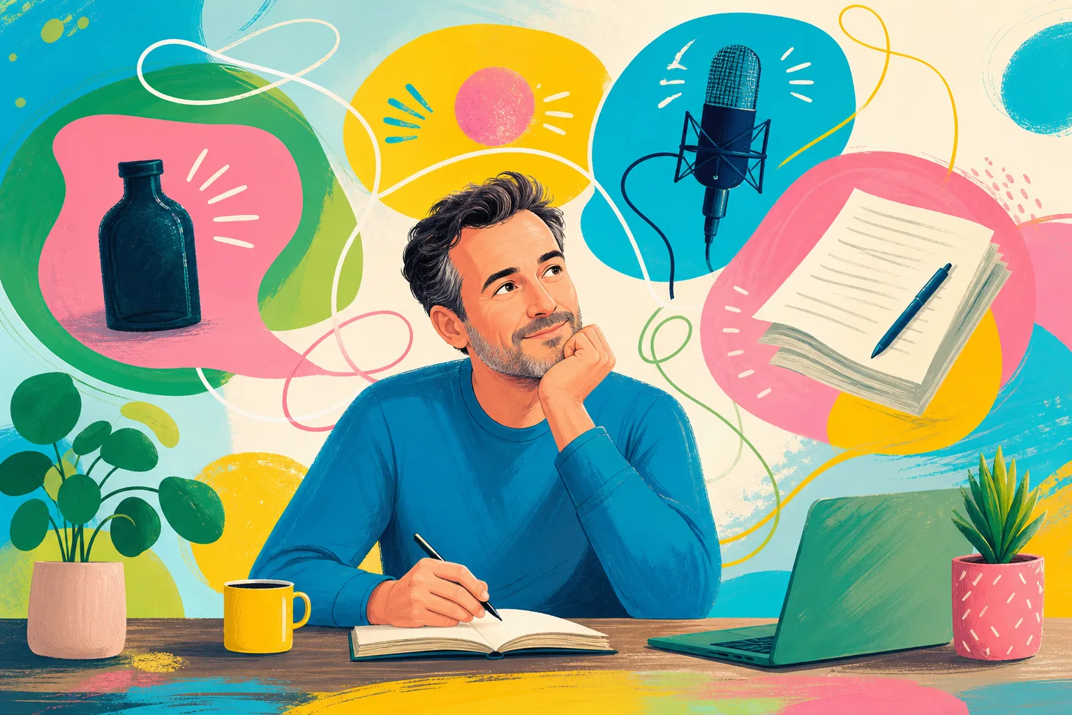 Illustration of an adult man balancing several creative ideas at a desk.