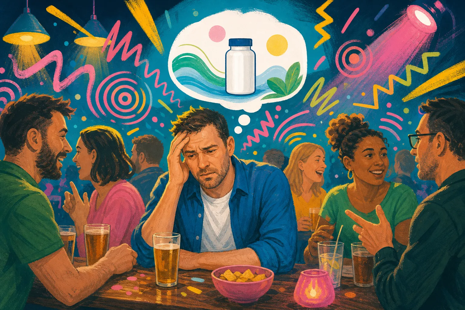 Illustration of an adult man feeling overwhelmed in a noisy pub while thinking of a product idea.