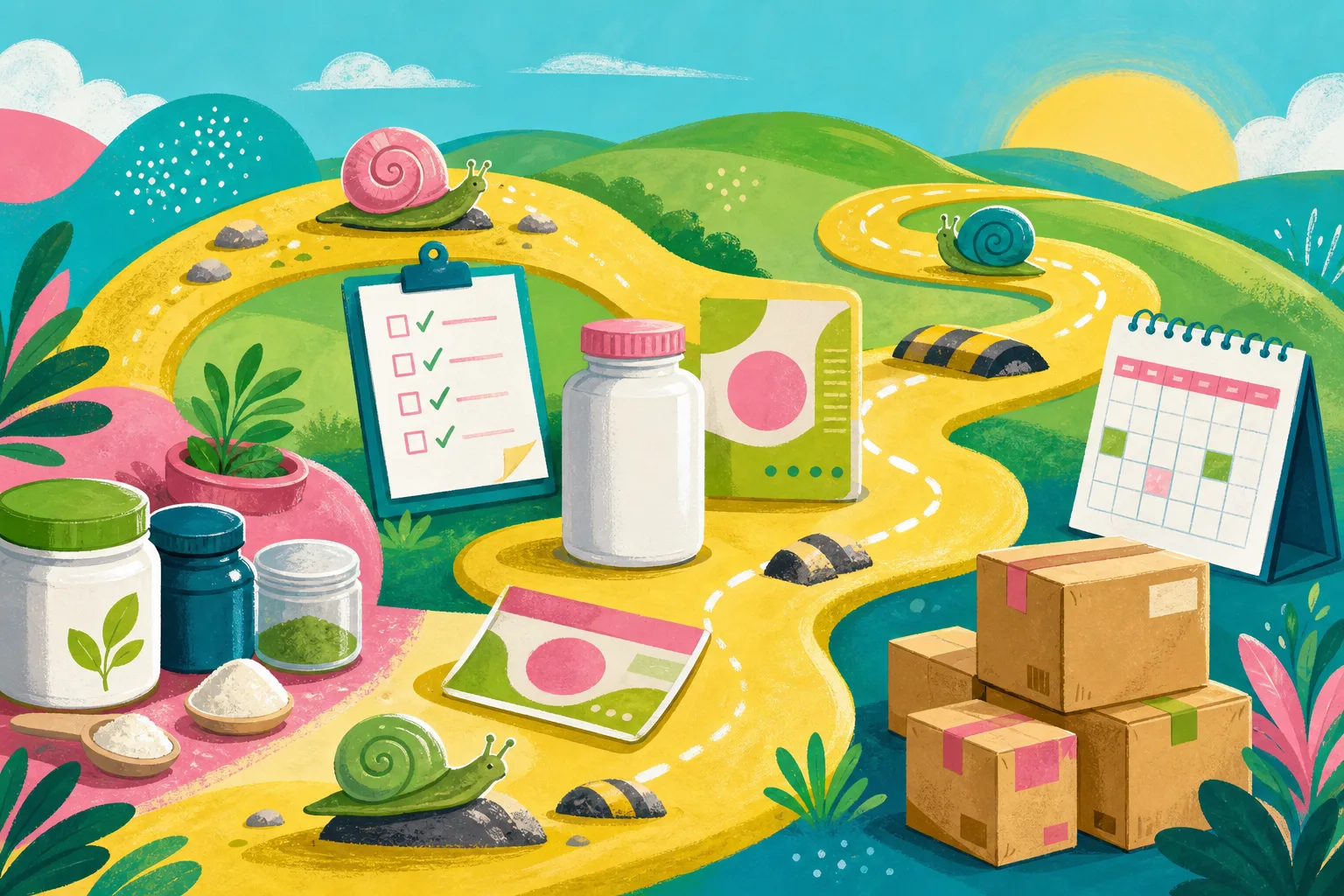 Illustration showing the many slow stages of developing and launching a physical product.