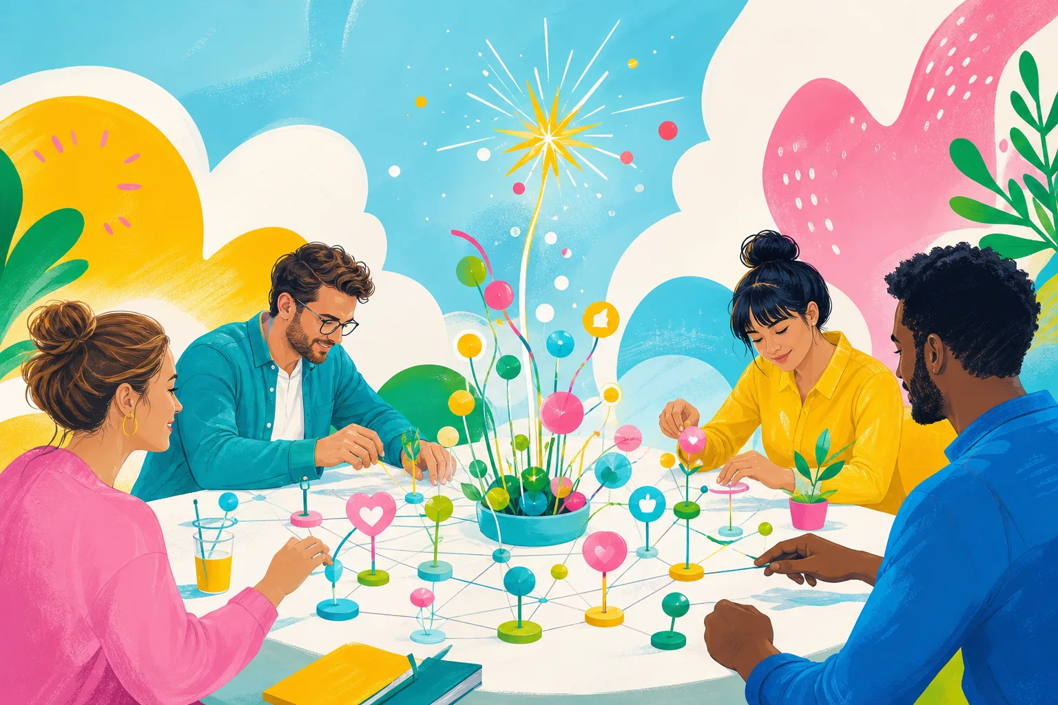 Illustration of adult entrepreneurs building momentum through consistent creative experiments.