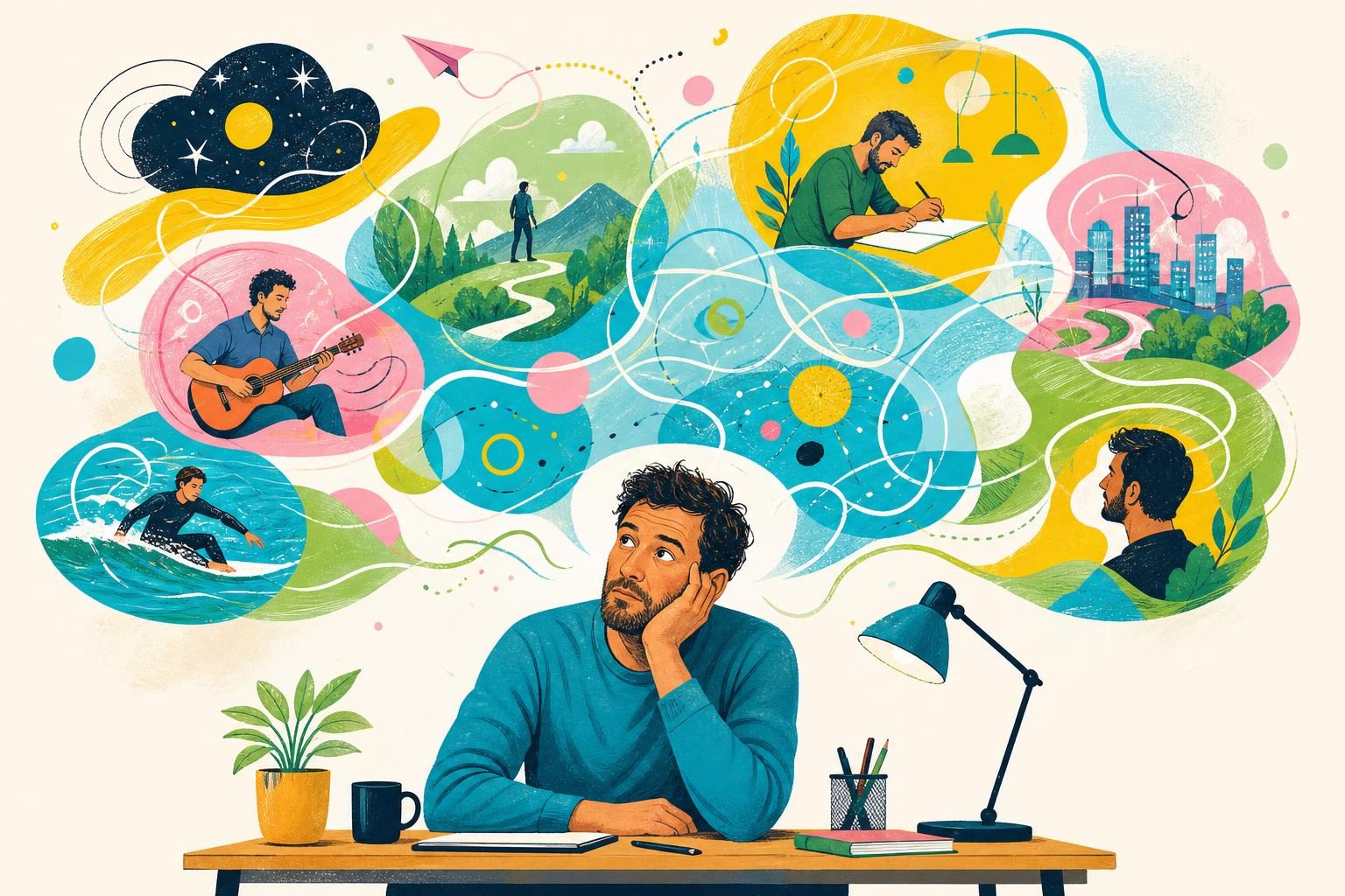Adult man reflecting on overlapping thoughts and neurodivergent experiences.