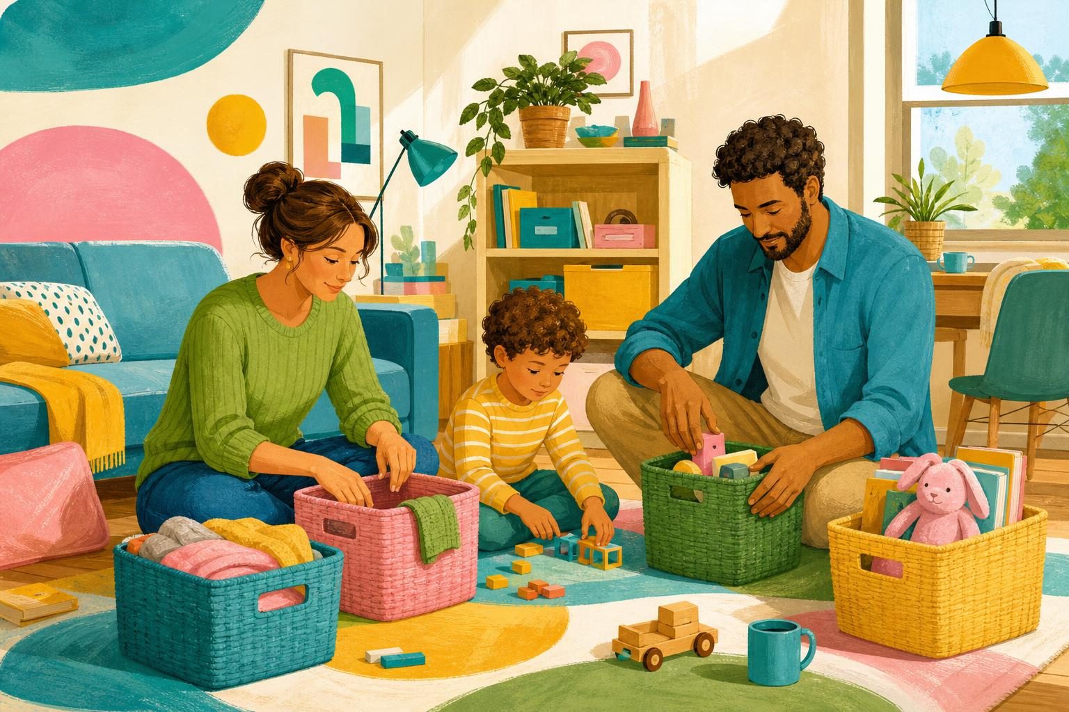 A family in a lived-in home, showing that everyday life does not need to be perfect.