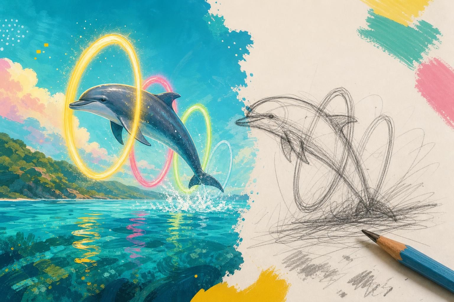 A vivid imagined dolphin scene contrasted with a simple sketch, representing visual thinking and expression.
