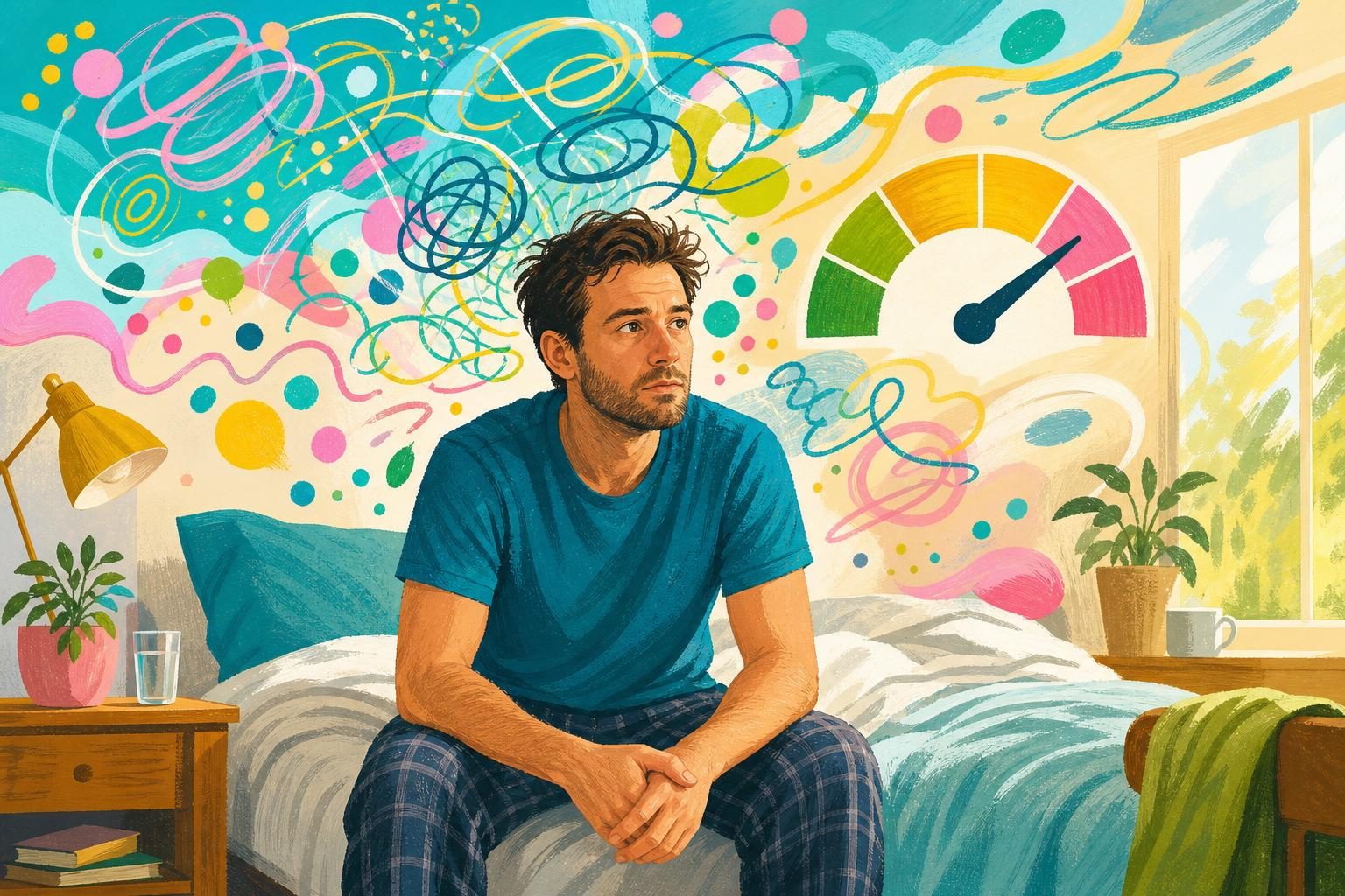 Colourful illustration of an adult man waking with an already busy, overstimulated mind.