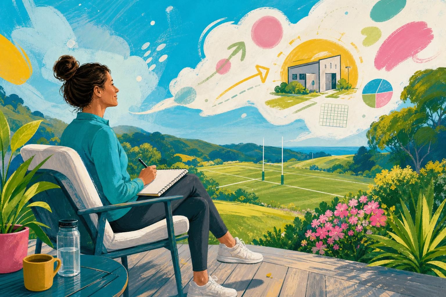 Colourful illustration of calm outdoor planning, with ideas becoming clearer after lowering stimulation.