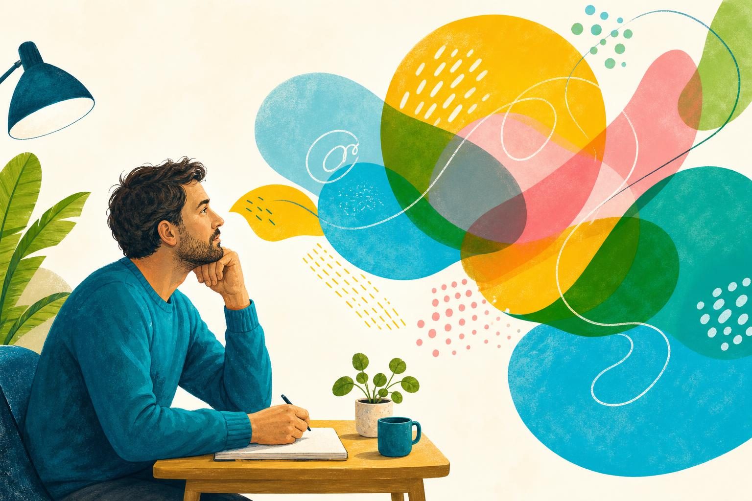 An adult man considering overlapping colourful shapes that represent dyslexia, ADHD and different perspectives.