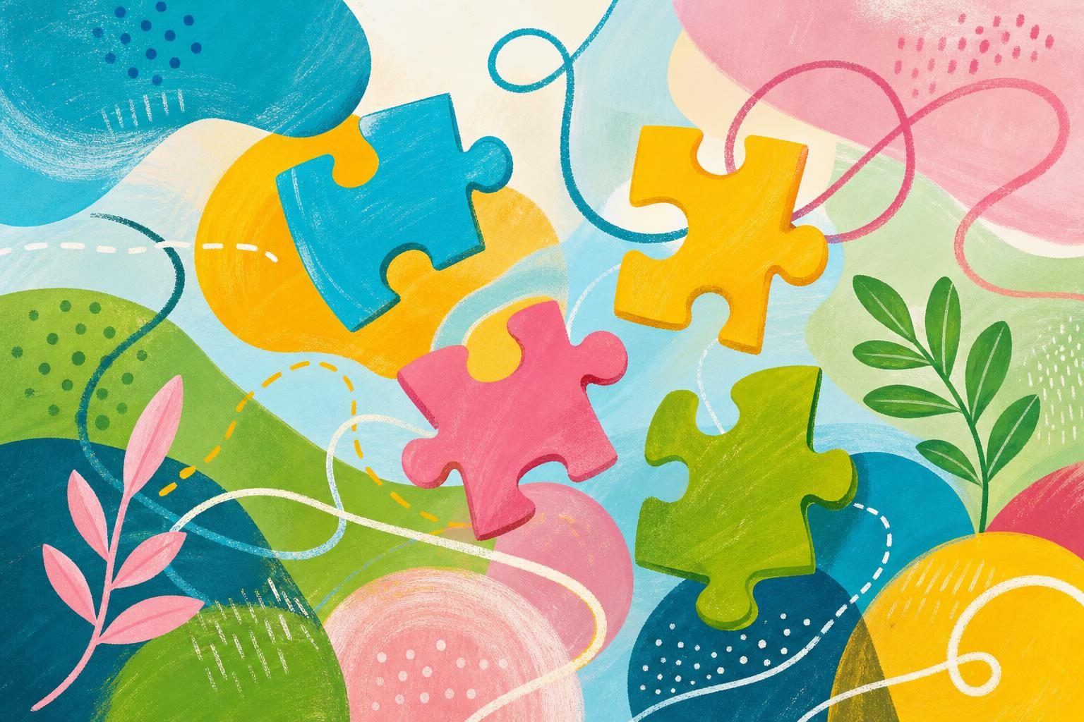 Colourful flexible shapes and puzzle pieces overlapping to represent a changing understanding of neurodivergence.