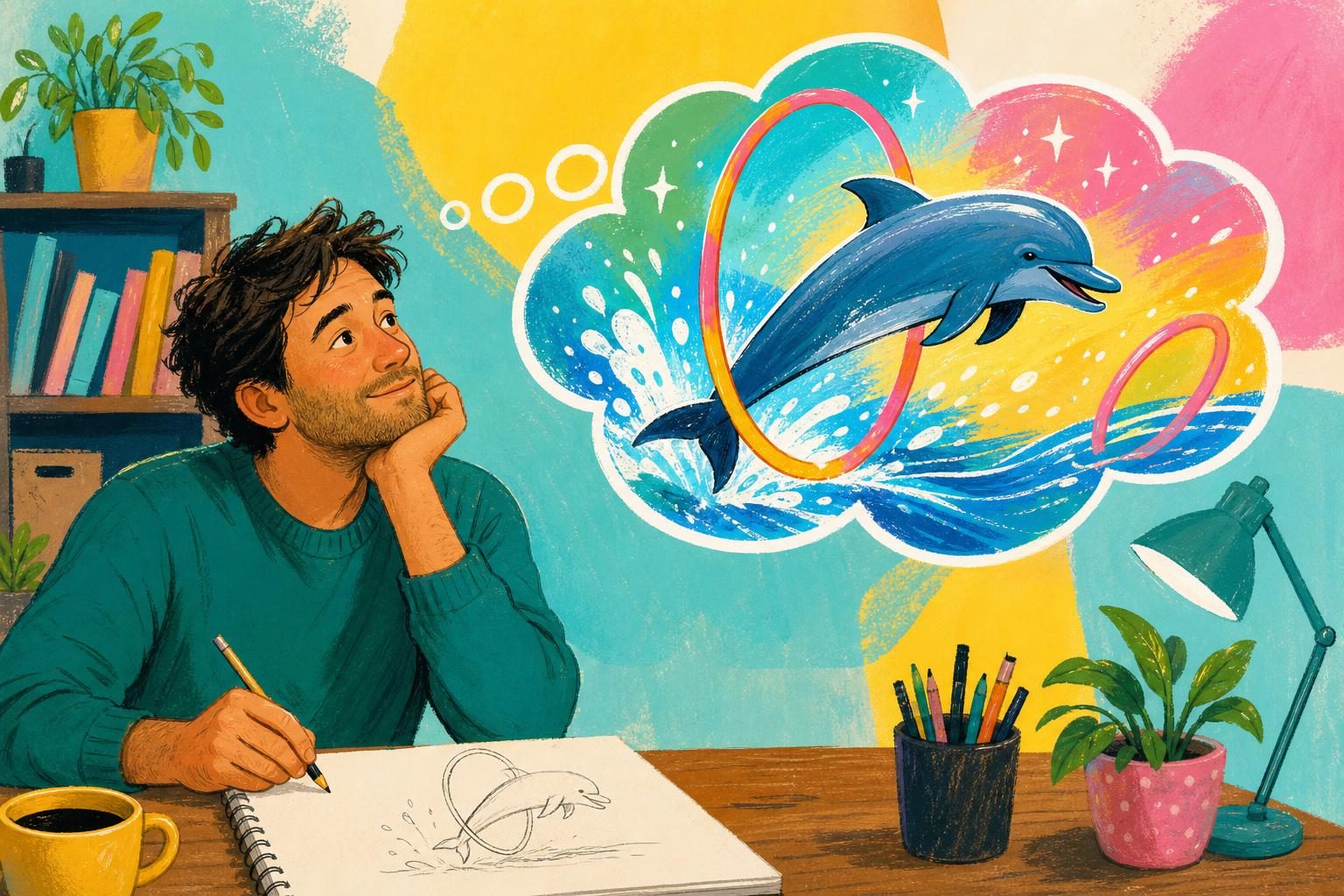 An adult man comparing a vivid dolphin image in his mind with a simple sketch on paper.