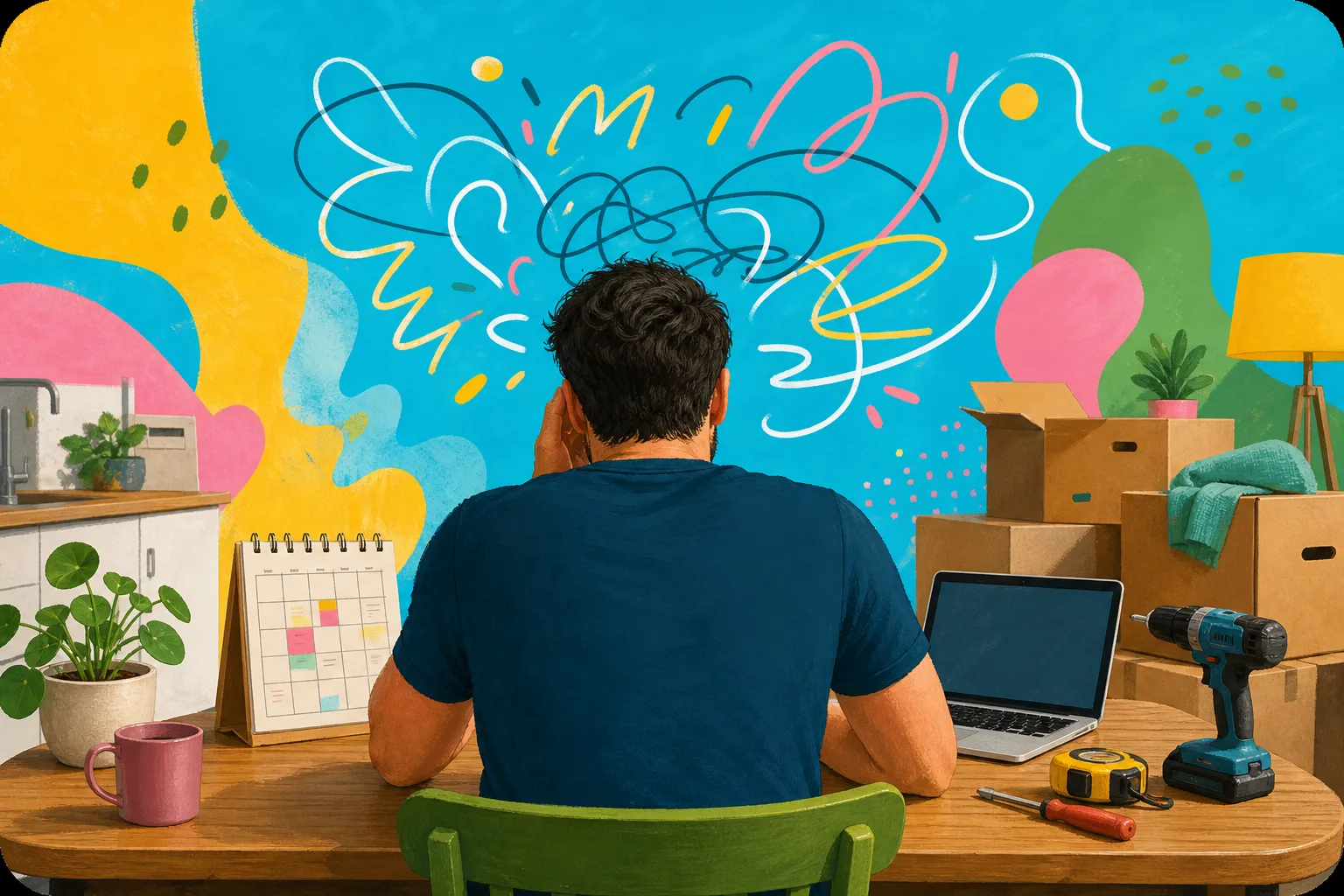Illustration of an adult man feeling mentally overloaded by moving house, work and daily tasks.