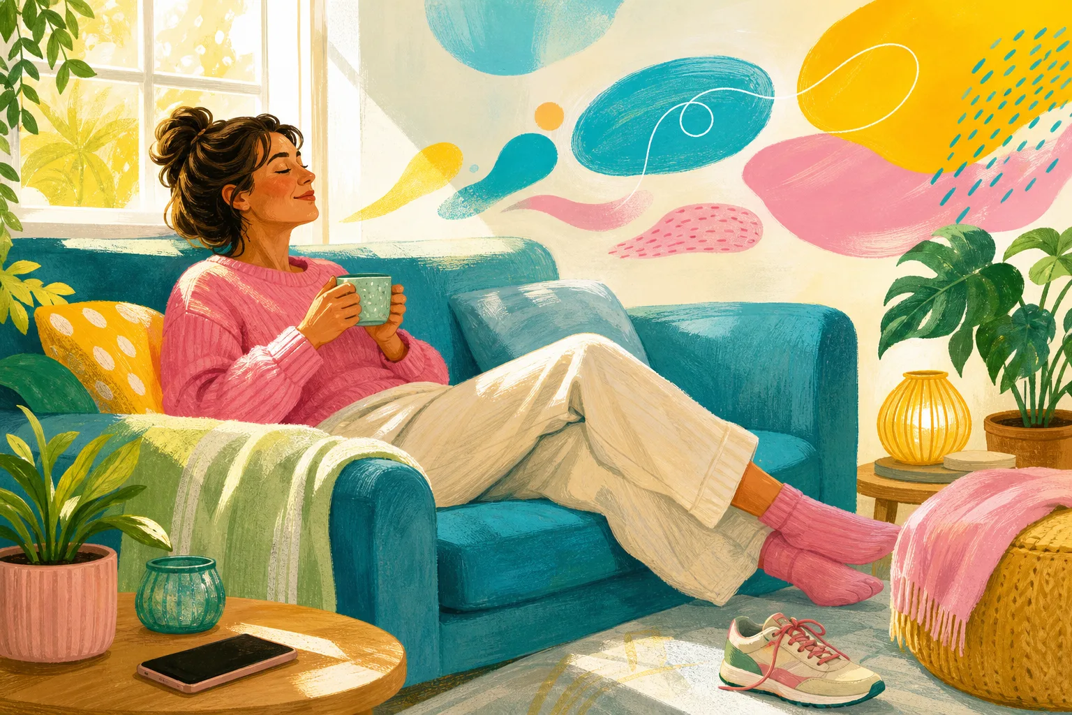 Illustration of an adult woman taking a calm, guilt-free rest break at home.