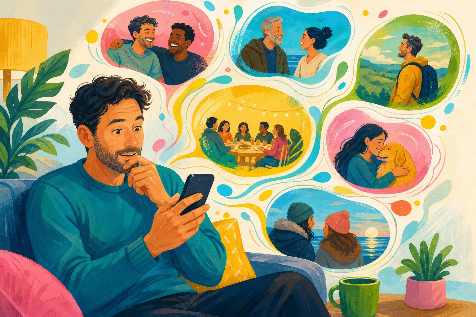 Adult man reconnecting with thoughts of people he cares about