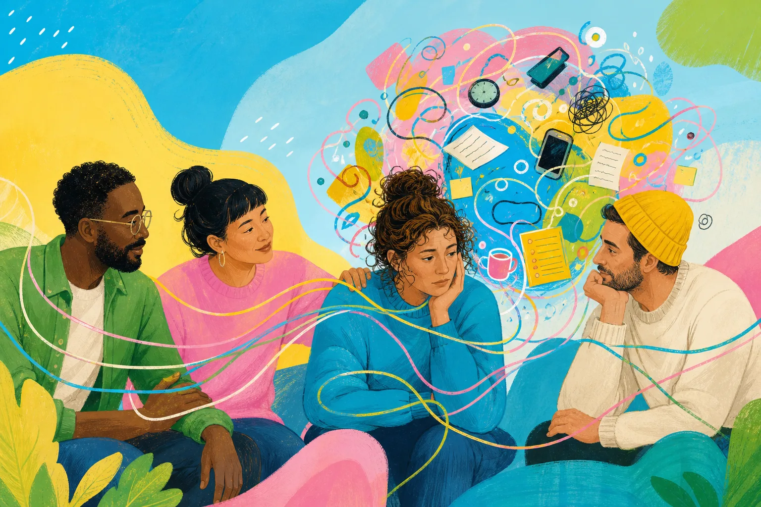 Adults staying connected while one person experiences mental overload