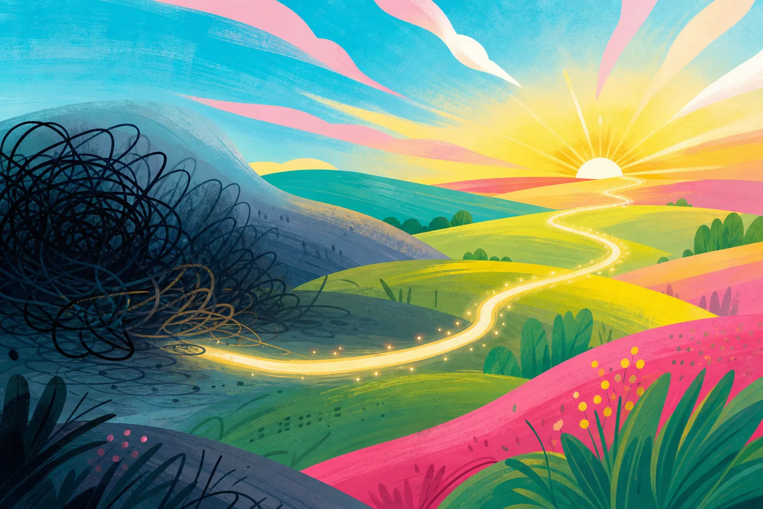A colourful open path leading away from tangled scribbles towards a sunrise, representing hope and chosen meaning.