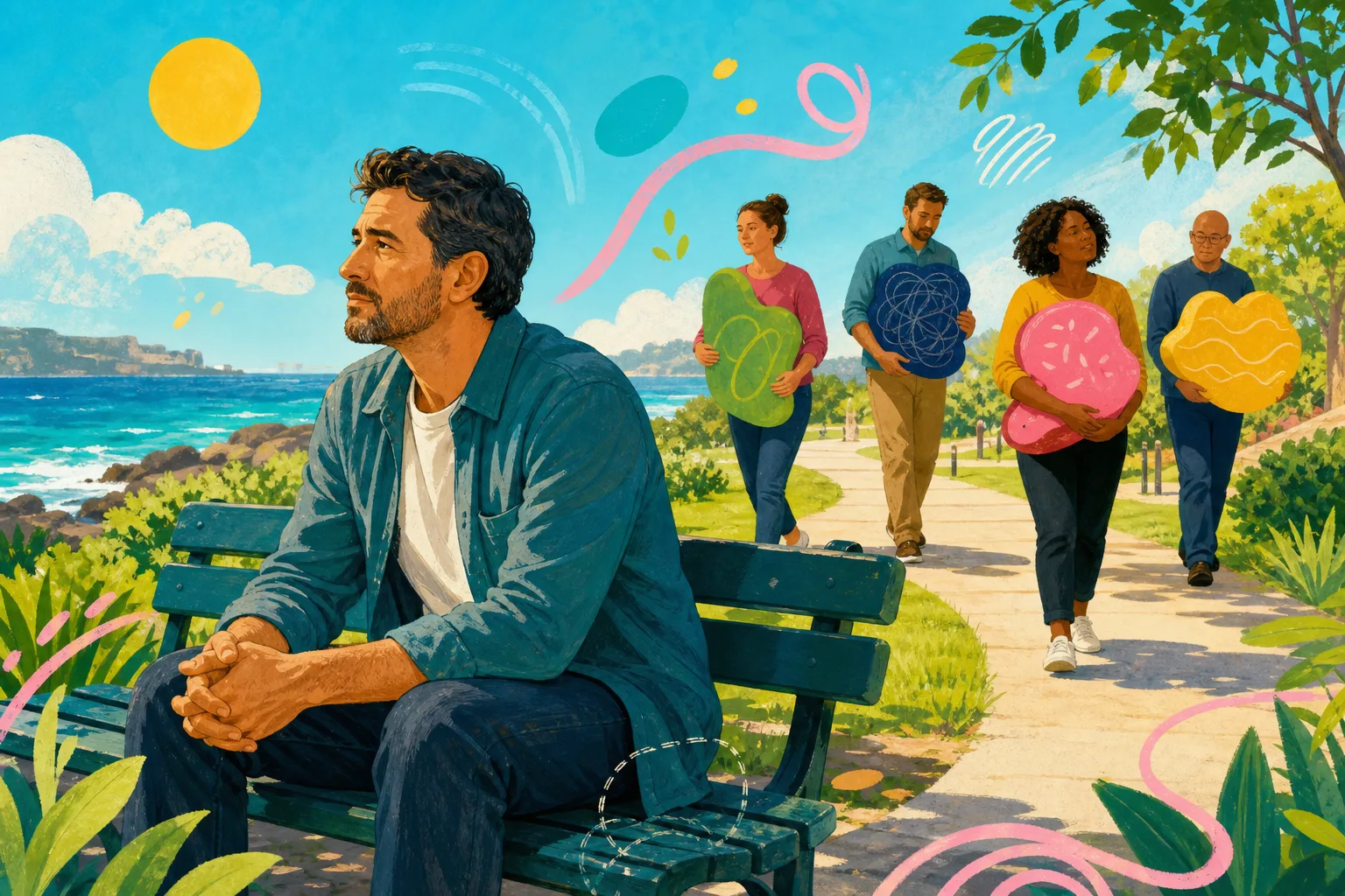 An adult man reflecting by the ocean while other adults carry colourful abstract symbols of unseen challenges.