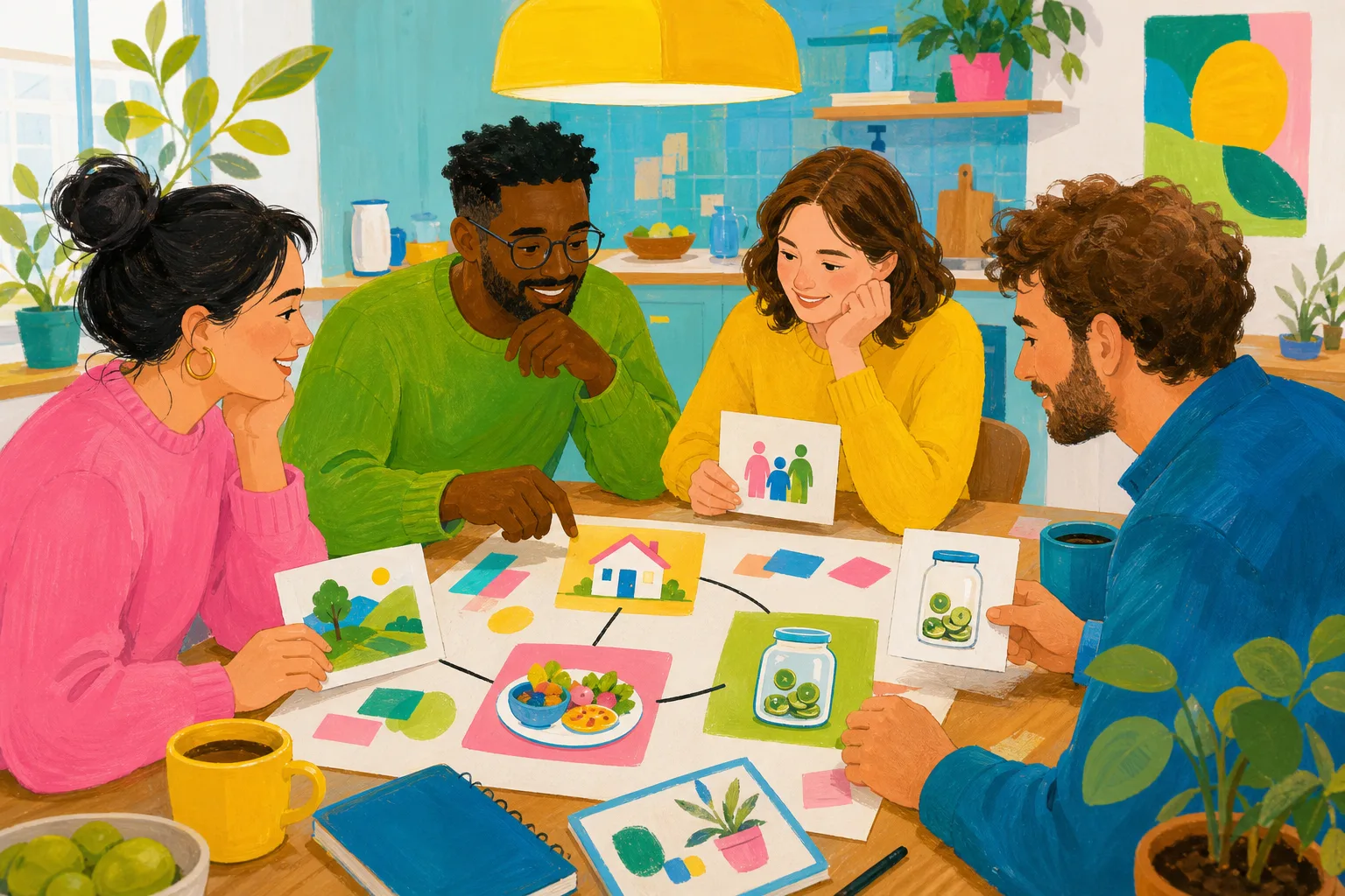 Two adults making a colourful visual plan for small hopes around home, family, money and meaningful work.
