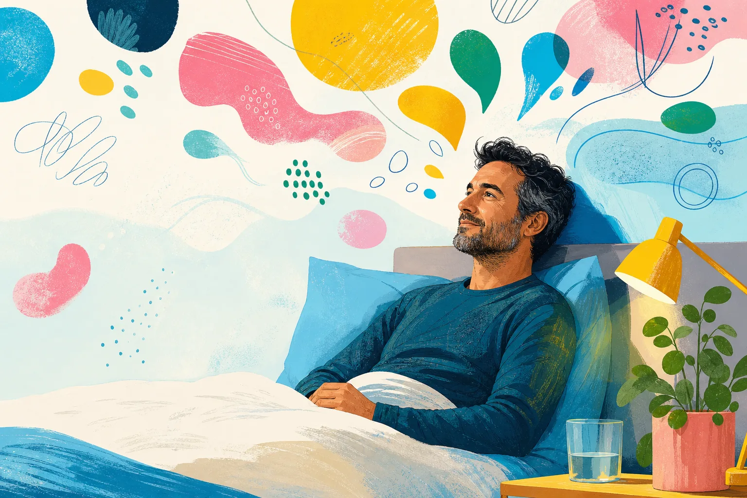 Illustration of an adult man resting and reflecting while colourful thoughts slow down around him