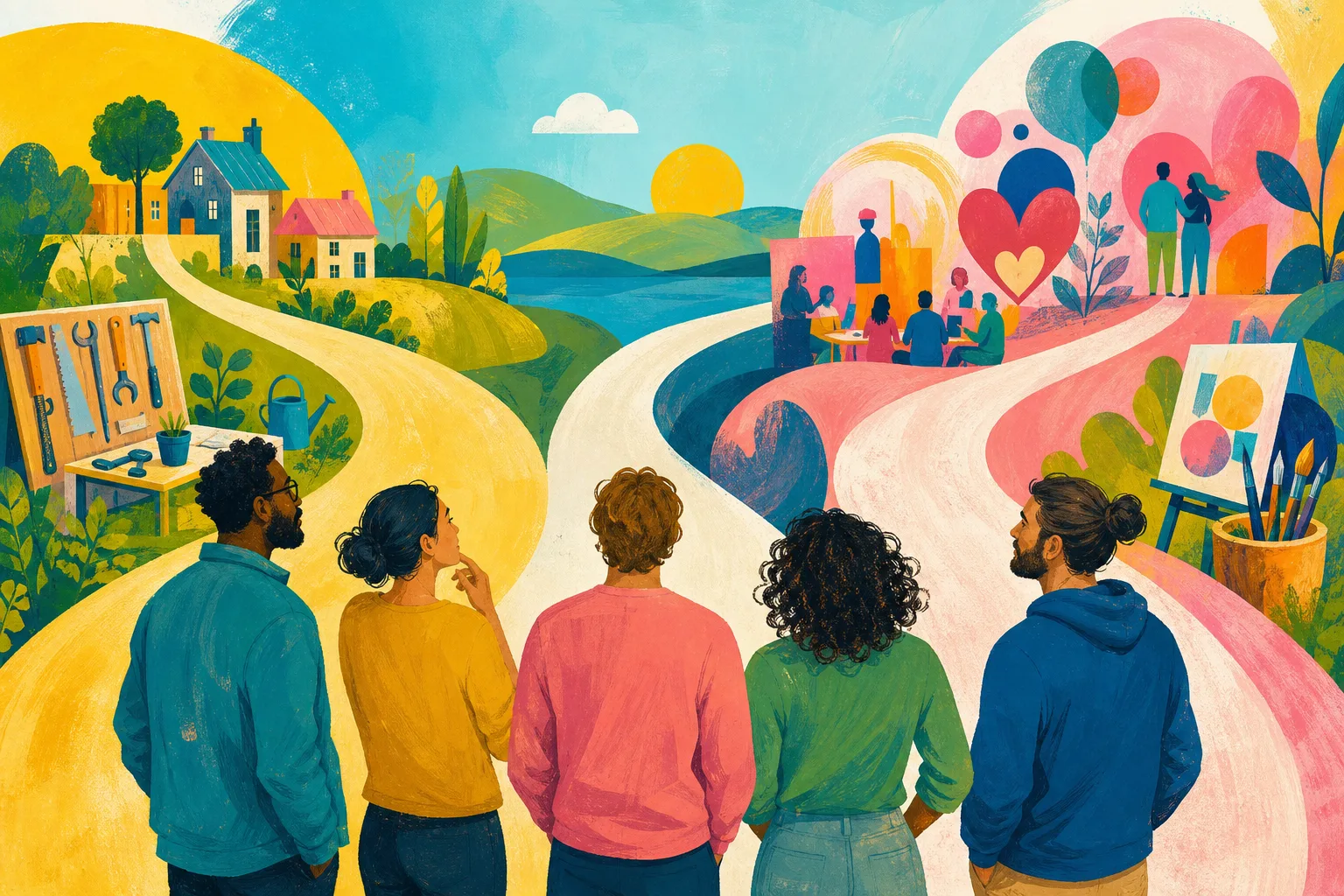 Colourful illustration of adults considering different changing life directions