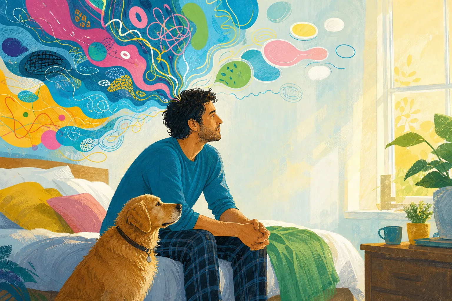 Adult man resting beside a dog while colourful thoughts settle around him