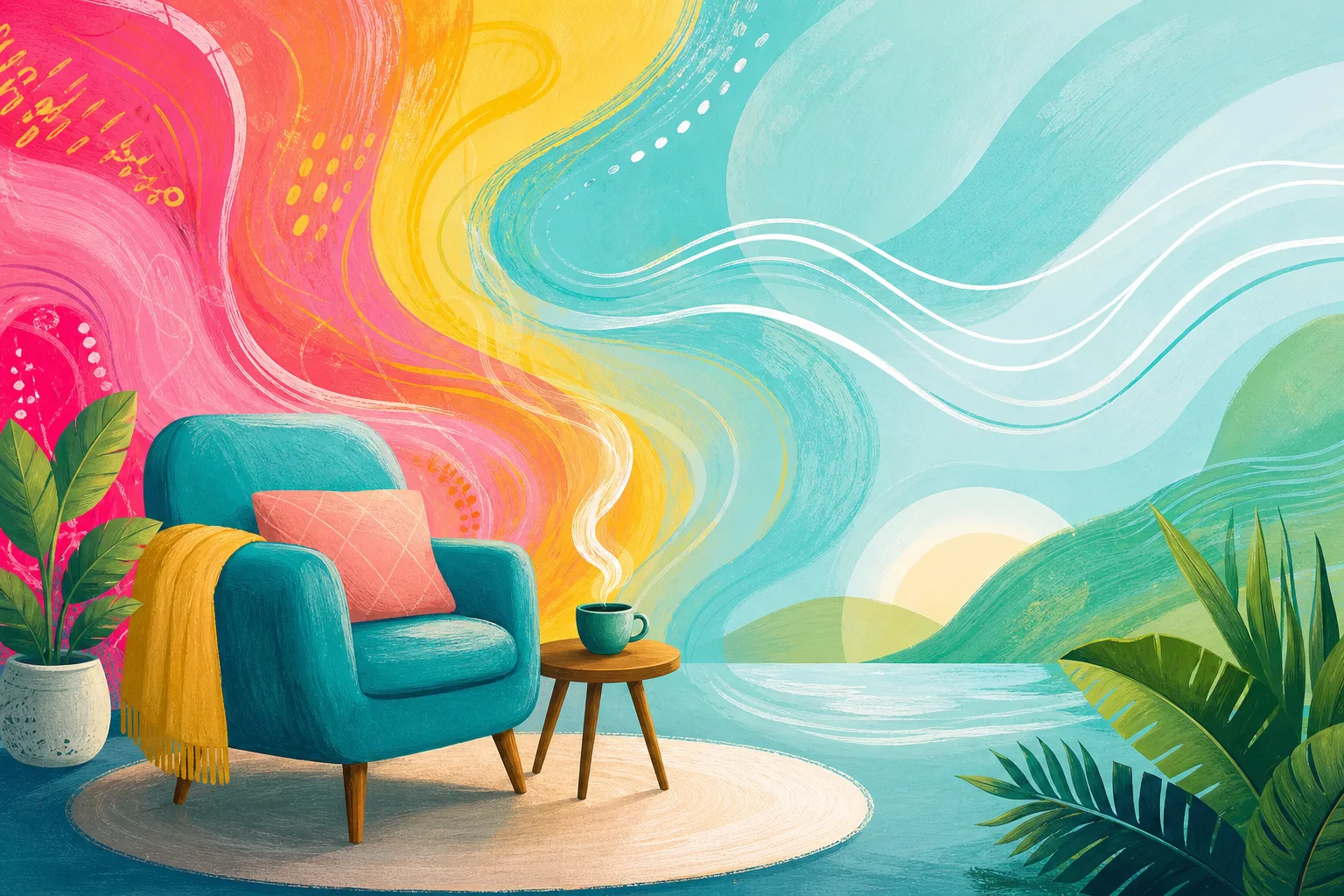 Colourful symbolic scene showing stress settling into calm
