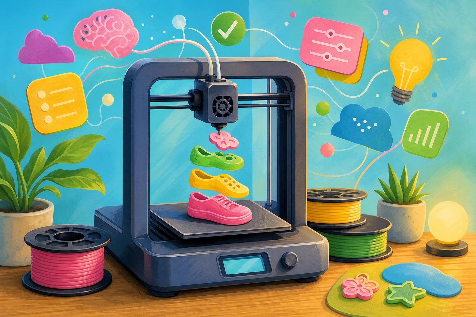 A colourful 3D printer creating a small fidget-style shoe charm from a visual idea.