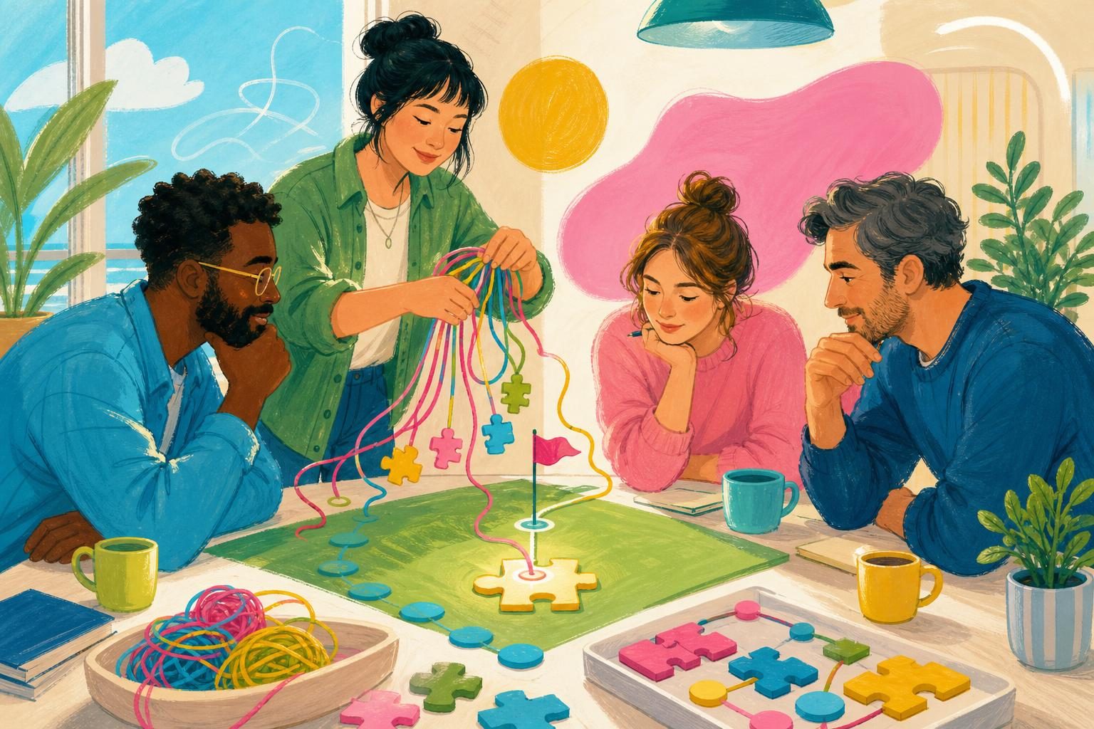 A mixed group of adults simplifying a tangle of colourful project strings to focus on fewer priorities.