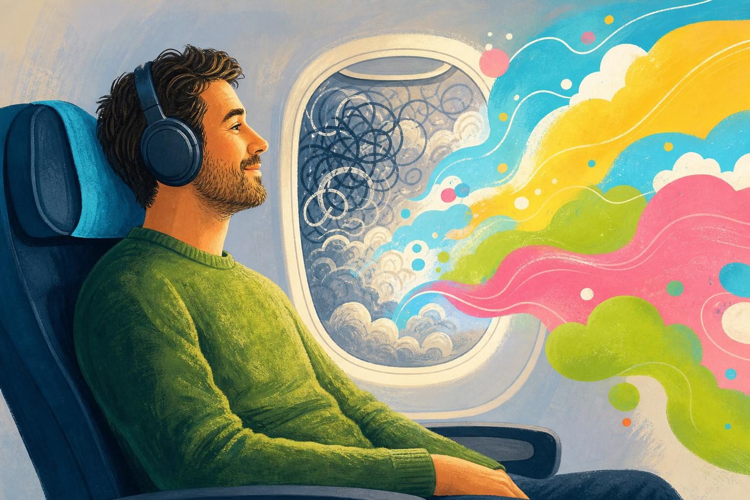 An adult man calmly sitting on a plane as anxious thought shapes turn into bright colourful patterns.
