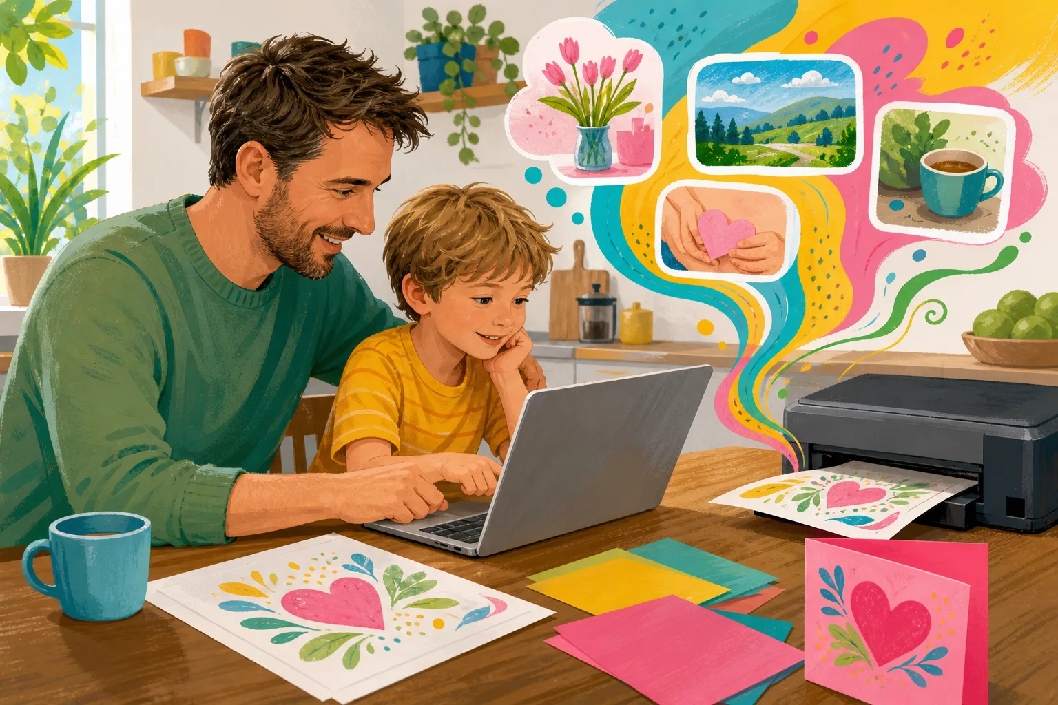 An adult man and child turning a design idea into a colourful printed gift using a laptop.