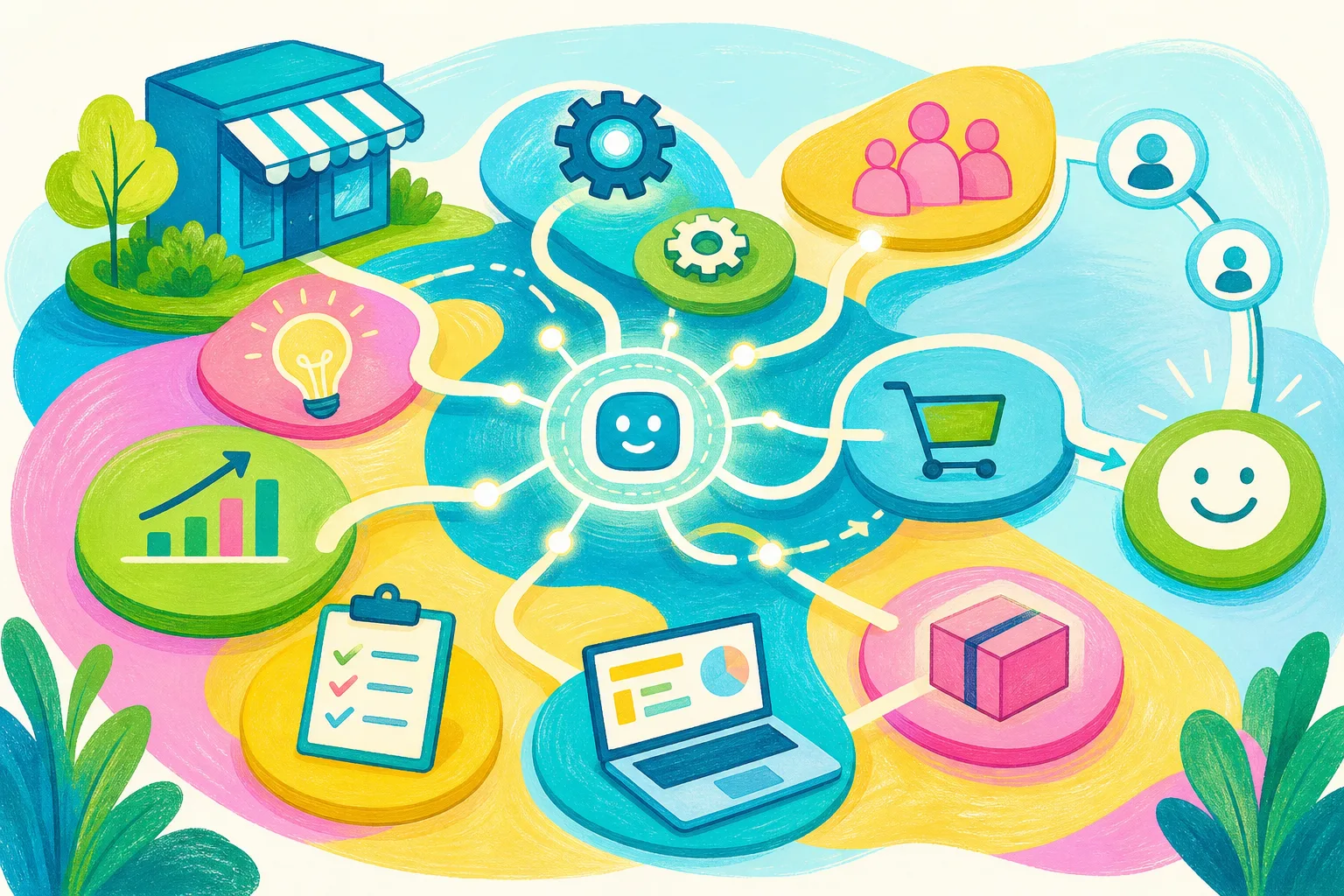 A colourful visual map showing AI supporting the systems of a small niche business.