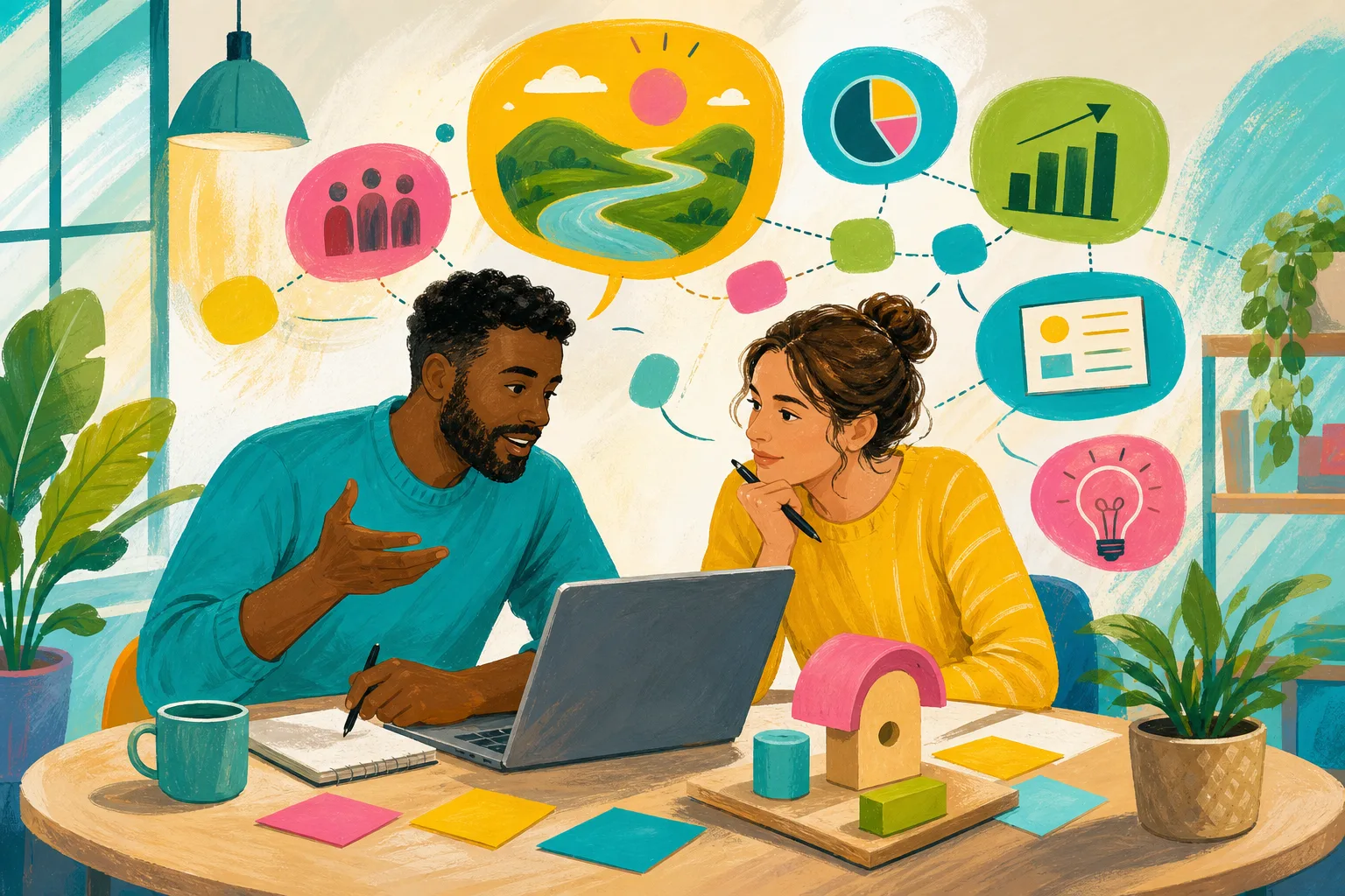 Two adults collaborating on a small business idea with AI and practical planning tools.