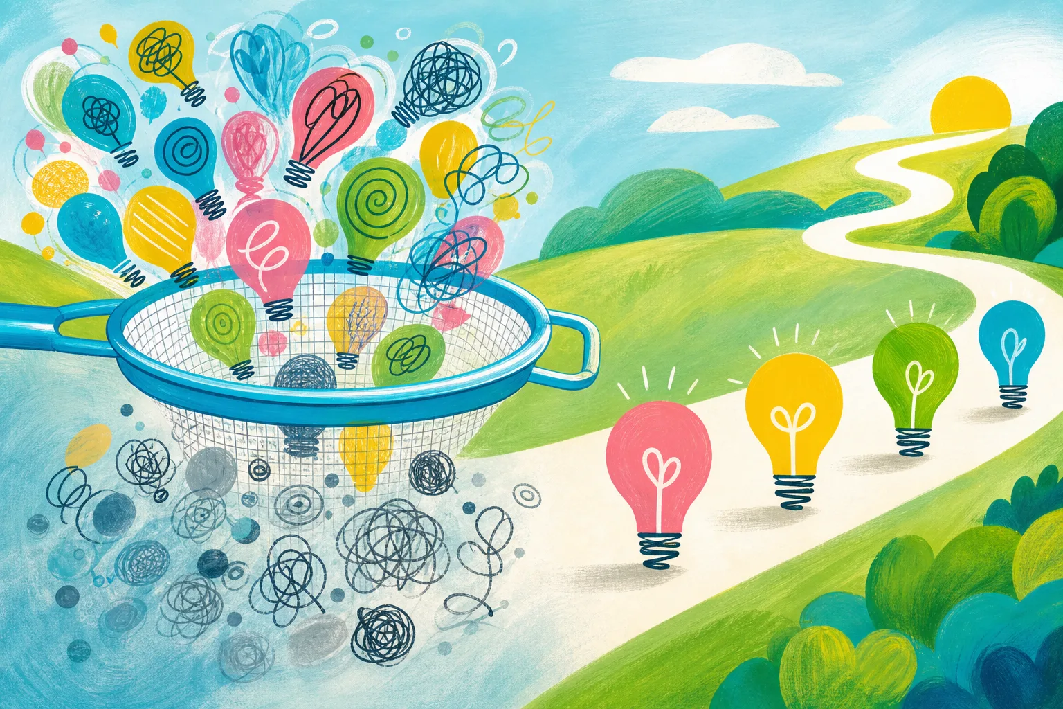 Abstract visual showing many ideas being filtered to find useful ones