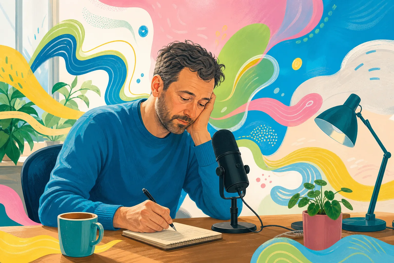 Adult man recording a podcast while managing changing energy levels