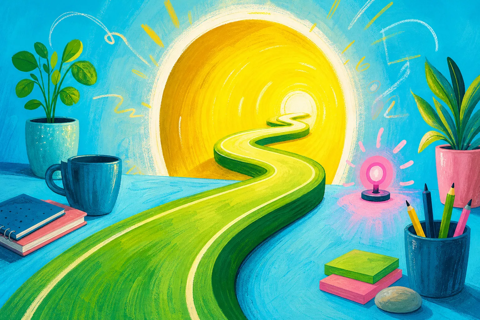 Colourful symbolic scene showing a focused mind and a gentle signal for an interruption