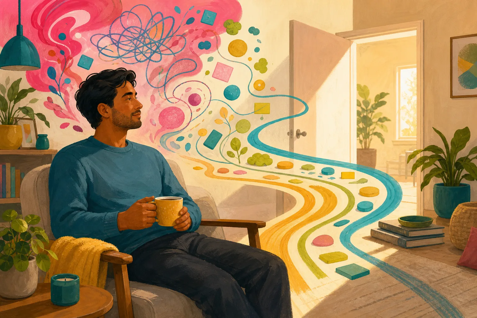 Adult man taking a quiet pause as colourful thoughts settle around him