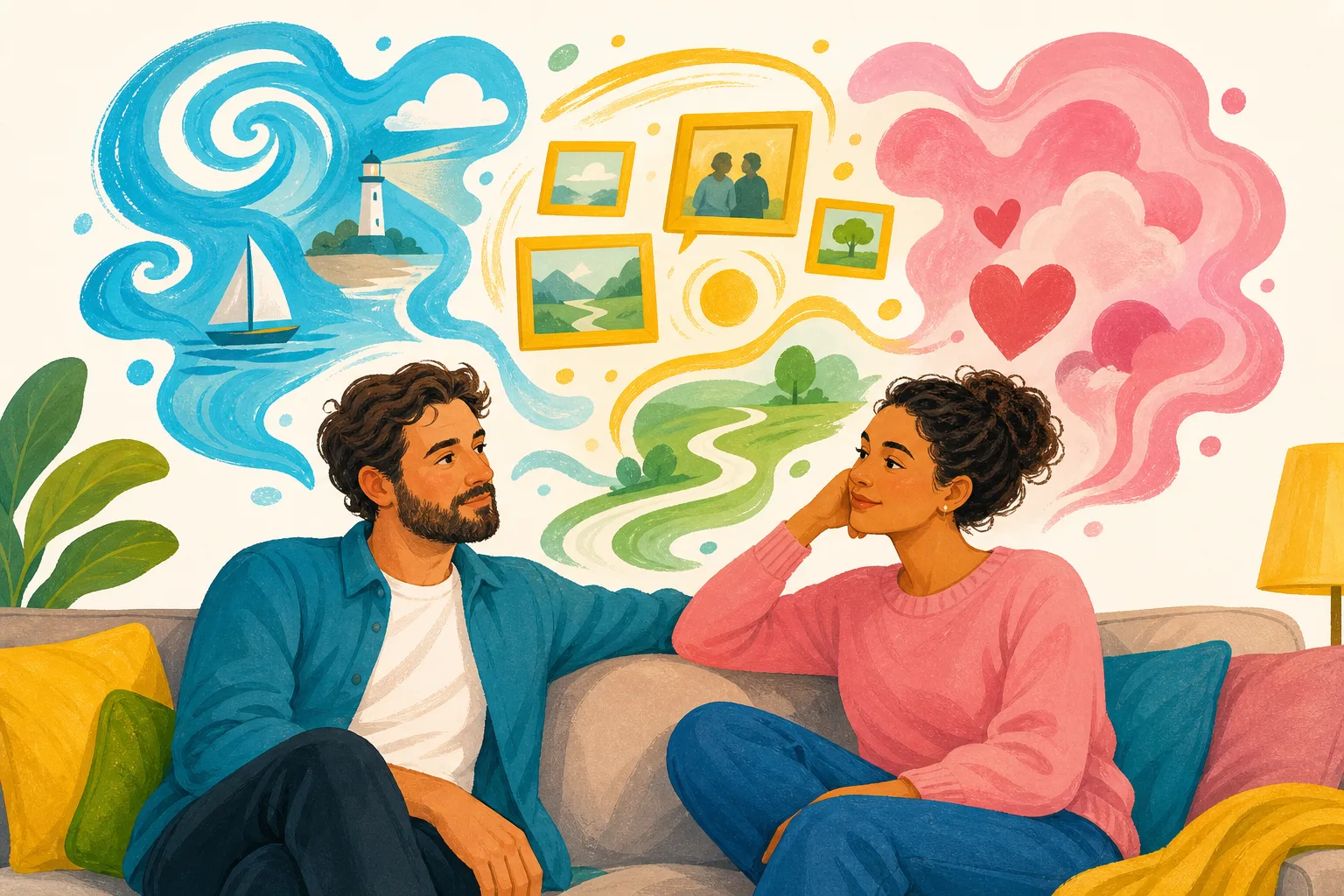 Adult man and woman talking together with colourful visual thought shapes between them