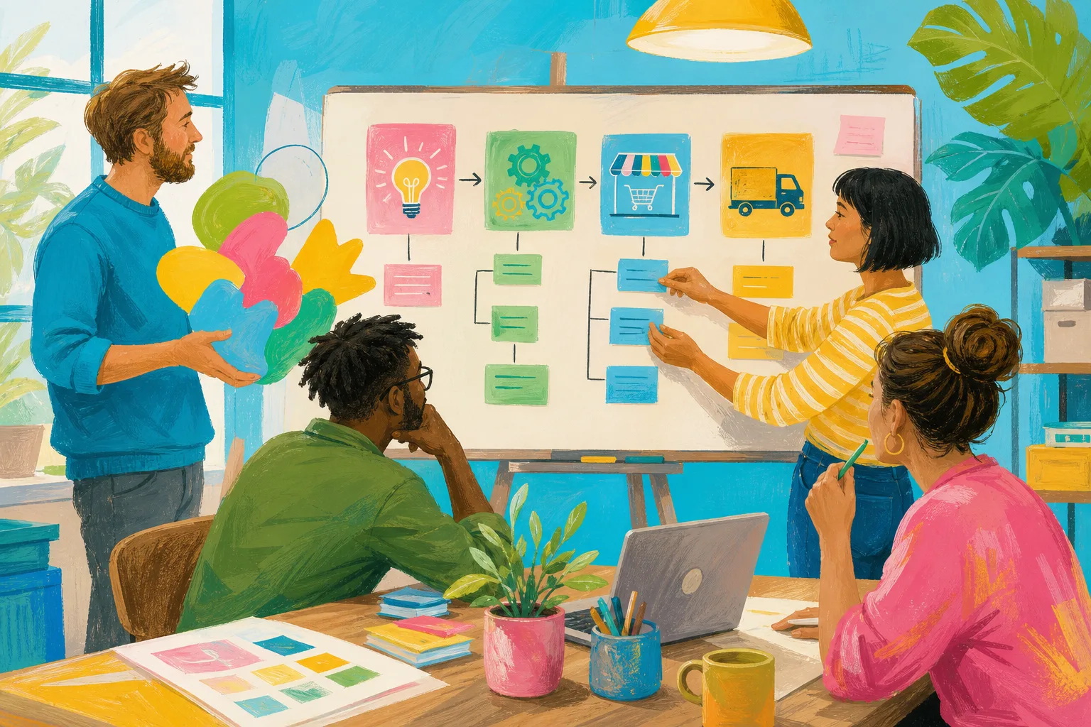 Mixed group of adult entrepreneurs combining creative ideas with practical operational support.