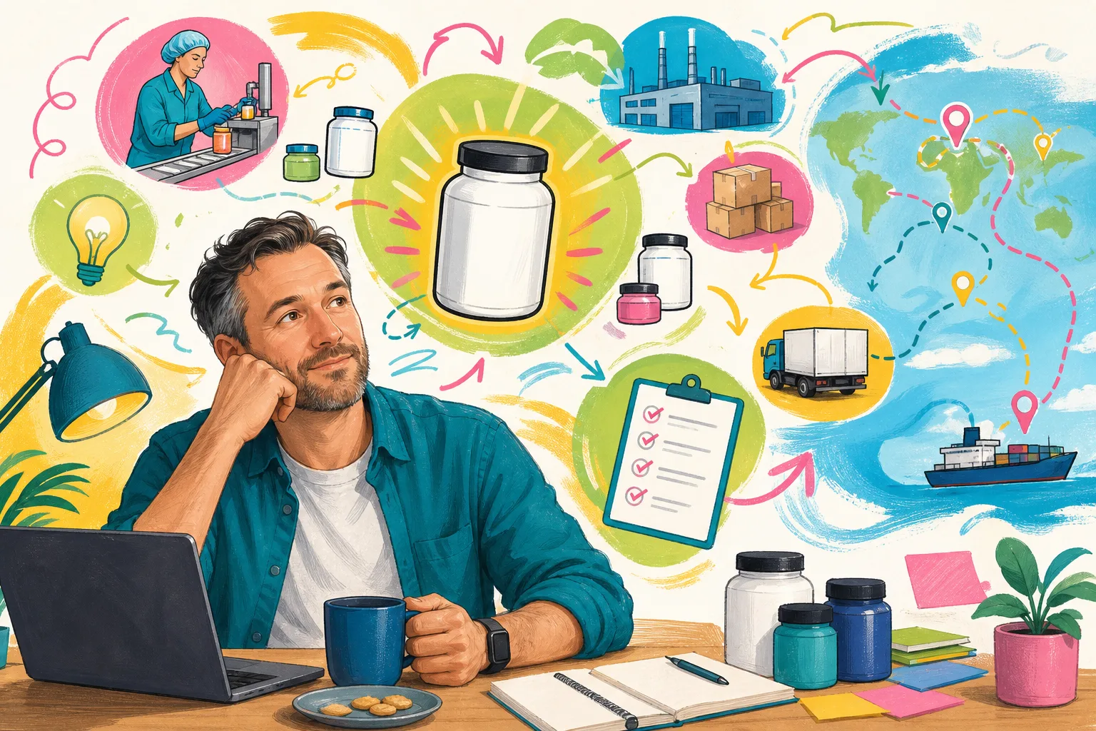 Colourful illustration of an adult man planning a product launch while managing many moving parts.