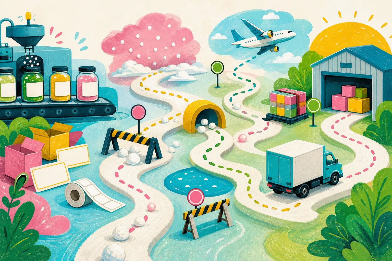 Illustration of the product manufacturing and shipping process with unexpected delays.